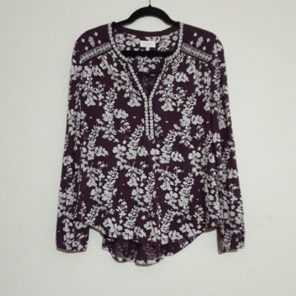 Lucky Brand Floral Print Women Top Blouse M purple Embrodered Festival Boho Y2k